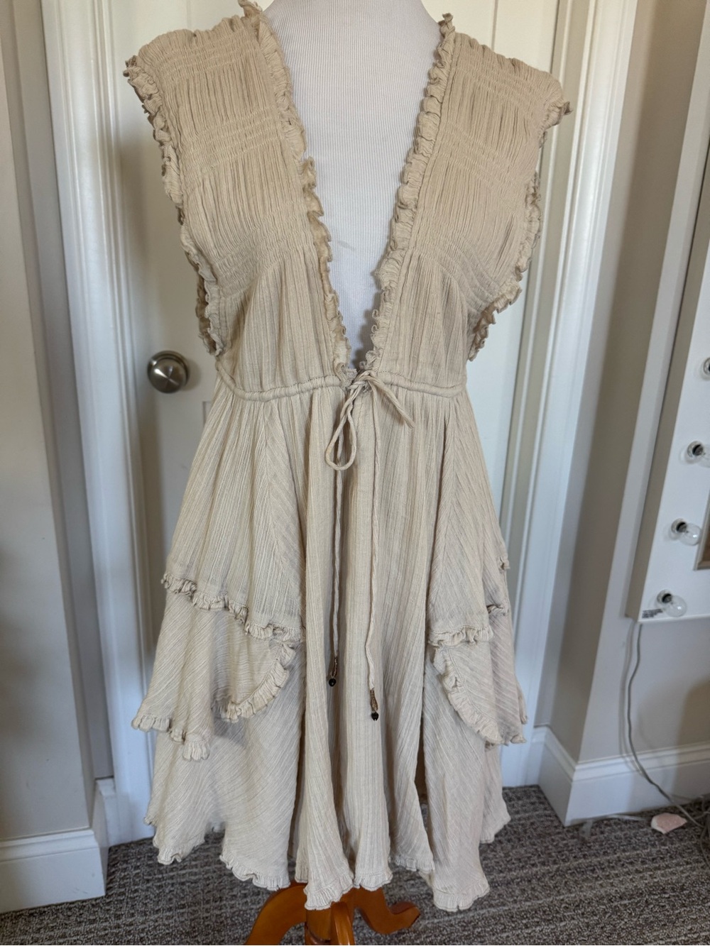 Free People Cream Ruffle Tie-Front Midi Dress